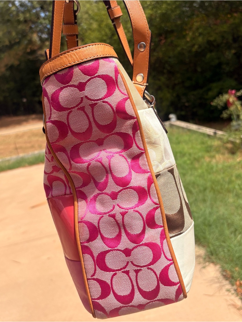 Coach Patchwork Signature Tote in Pink, Blue, Tan and… - Gem